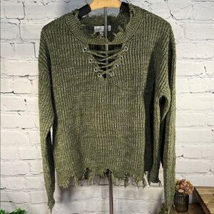 Planet Gold Olive Lace-Up Distressed Cropped Sweater